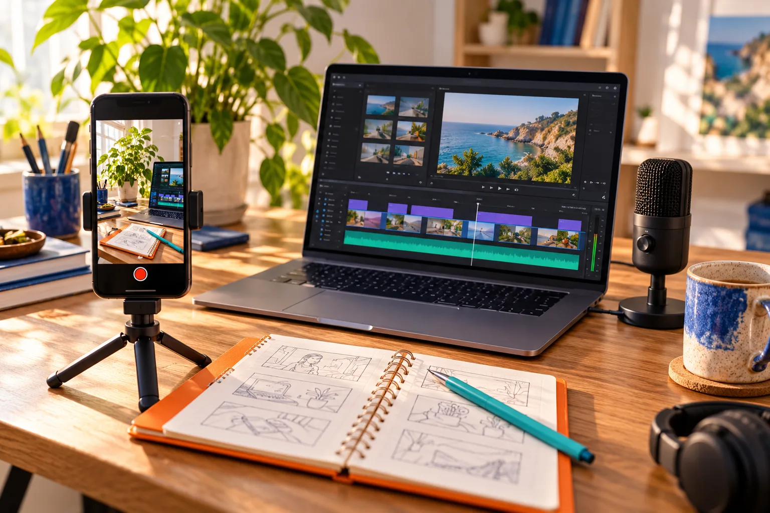 A phone, laptop video editor, microphone and storyboard notebook in a creative workspace